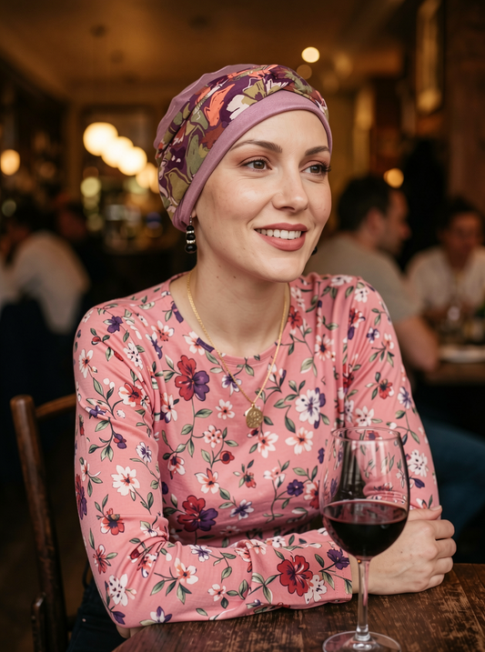 Comfy womens chemo hat with removable twist headband - Tina rose pansy