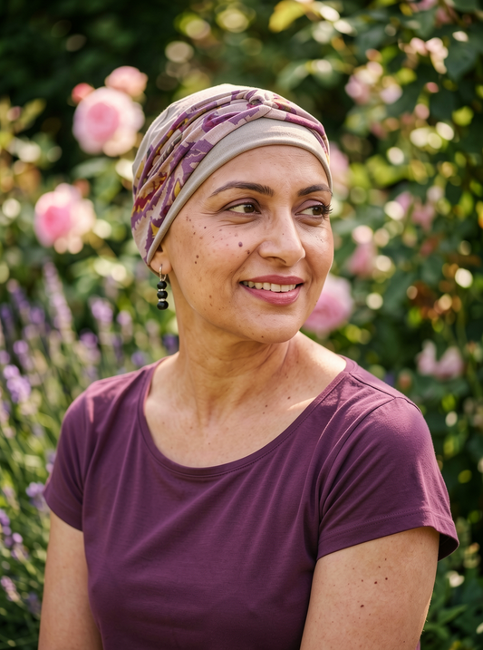 Soft comfy chemo hat for hair loss with interchangable twist headband - Tina cappuccino pink plum paisley