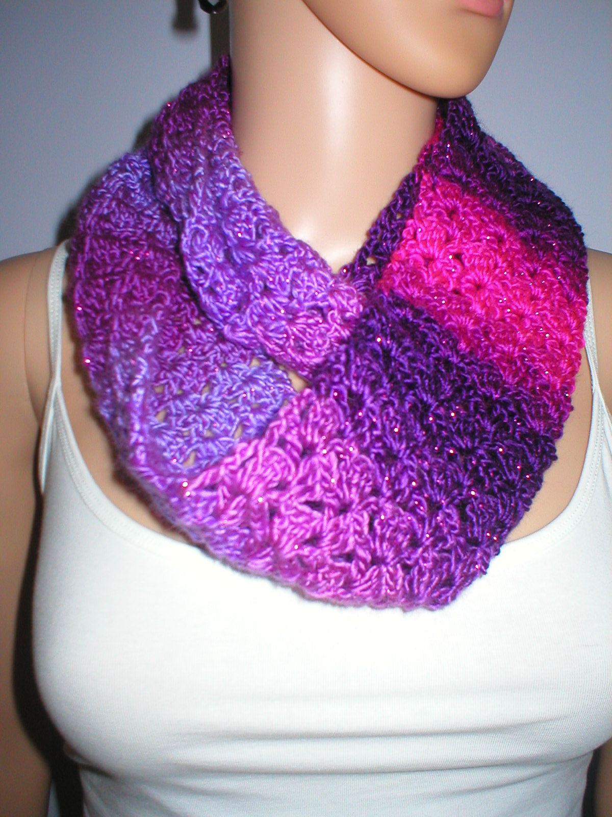 Small soft sparkly hand crochet infinity scarf - Berry shine
