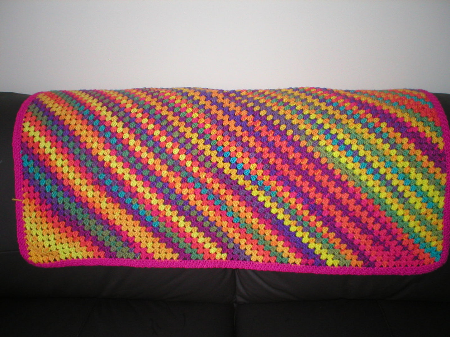 Soft hand crocheted lap blanket - Bright/pink border 36x36 inches