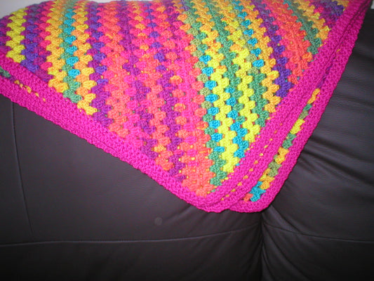 Soft hand crocheted lap blanket - Bright/pink border 36x36 inches