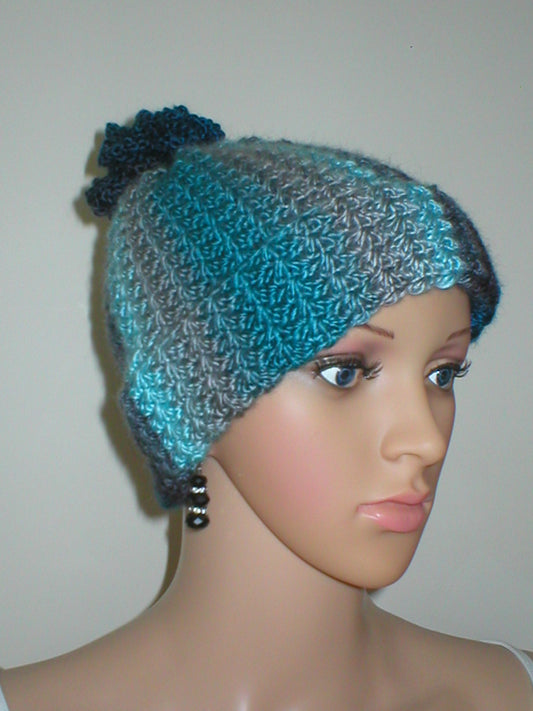 Supersoft hand crochet beanie hat woith crochet pom pom - Sapphire