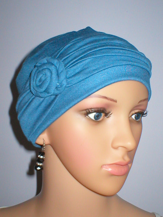 Soft jersey chemo hat and removable rose headband - Rosie denim