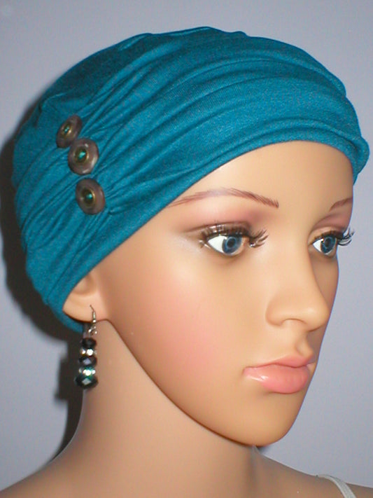 Soft chemo hat and removable headband with tri button detail - Billie teal
