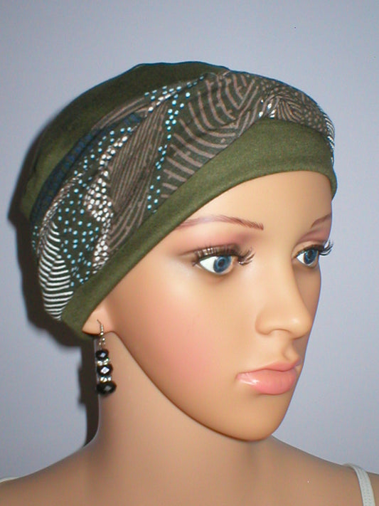Soft jersey chemo hat and twist headband - Khaki dotty leaves
