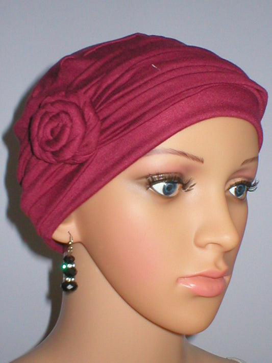 Soft chemo hat and removable headband with rose detail - Rosie wine