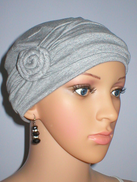 Soft chemo hat and removable rose headband - Rosie light grey marl