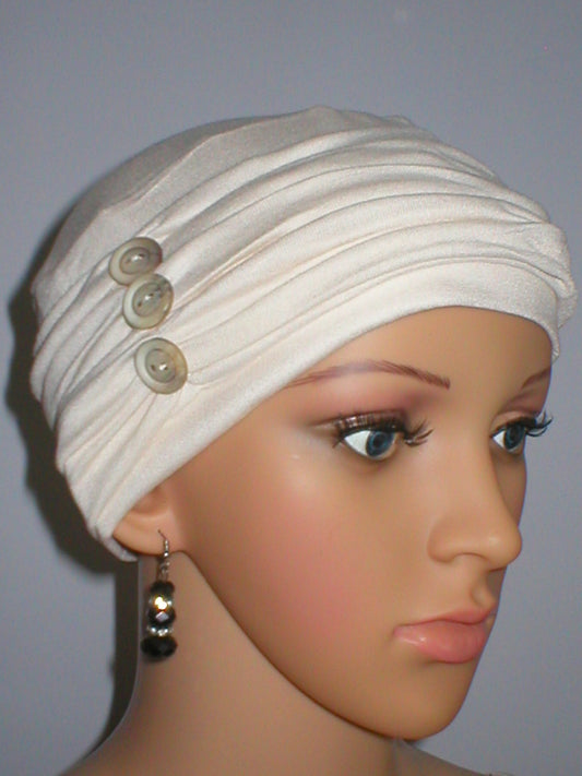 Soft chemo hat and removable tri button headband - Billie cream