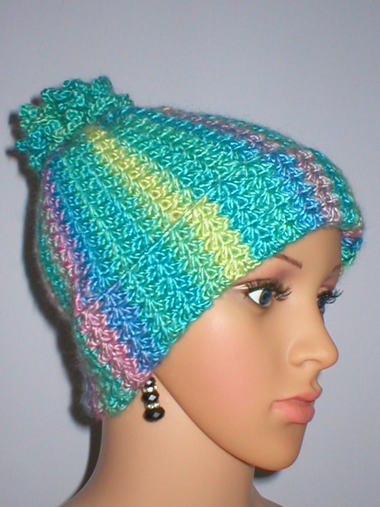 Supersoft hand crocheted beanie with turn up and crochet pom pom- Harmony