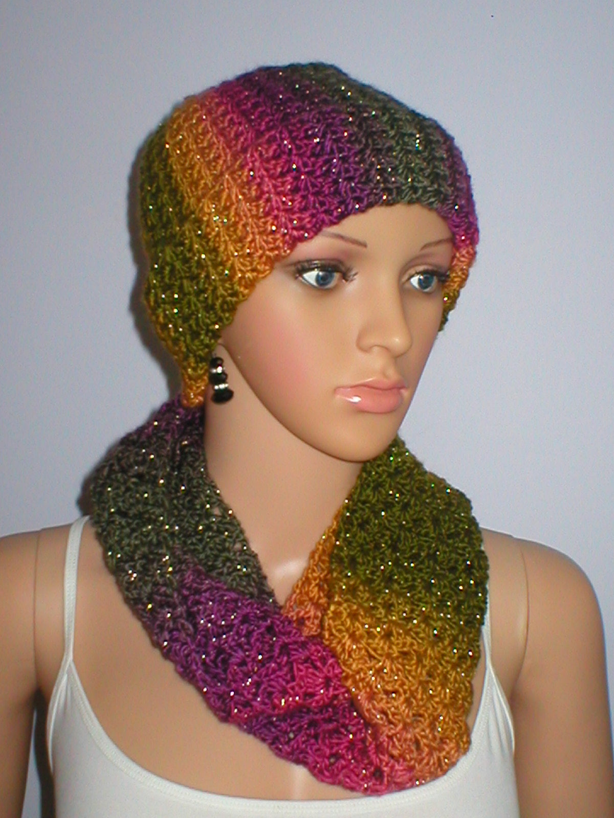 Supersoft hand crochet beanie hat with turn up and crochet pom pom and infinity scarf - Aspen