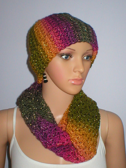 Supersoft hand crochet beanie hat with turn up and crochet pom pom and infinity scarf - Aspen