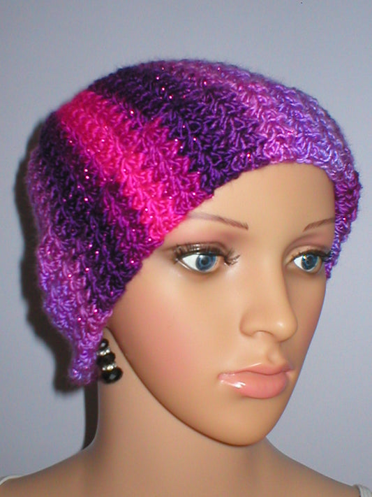 Soft hand crochet sparkle chemo beanie - Berry shine