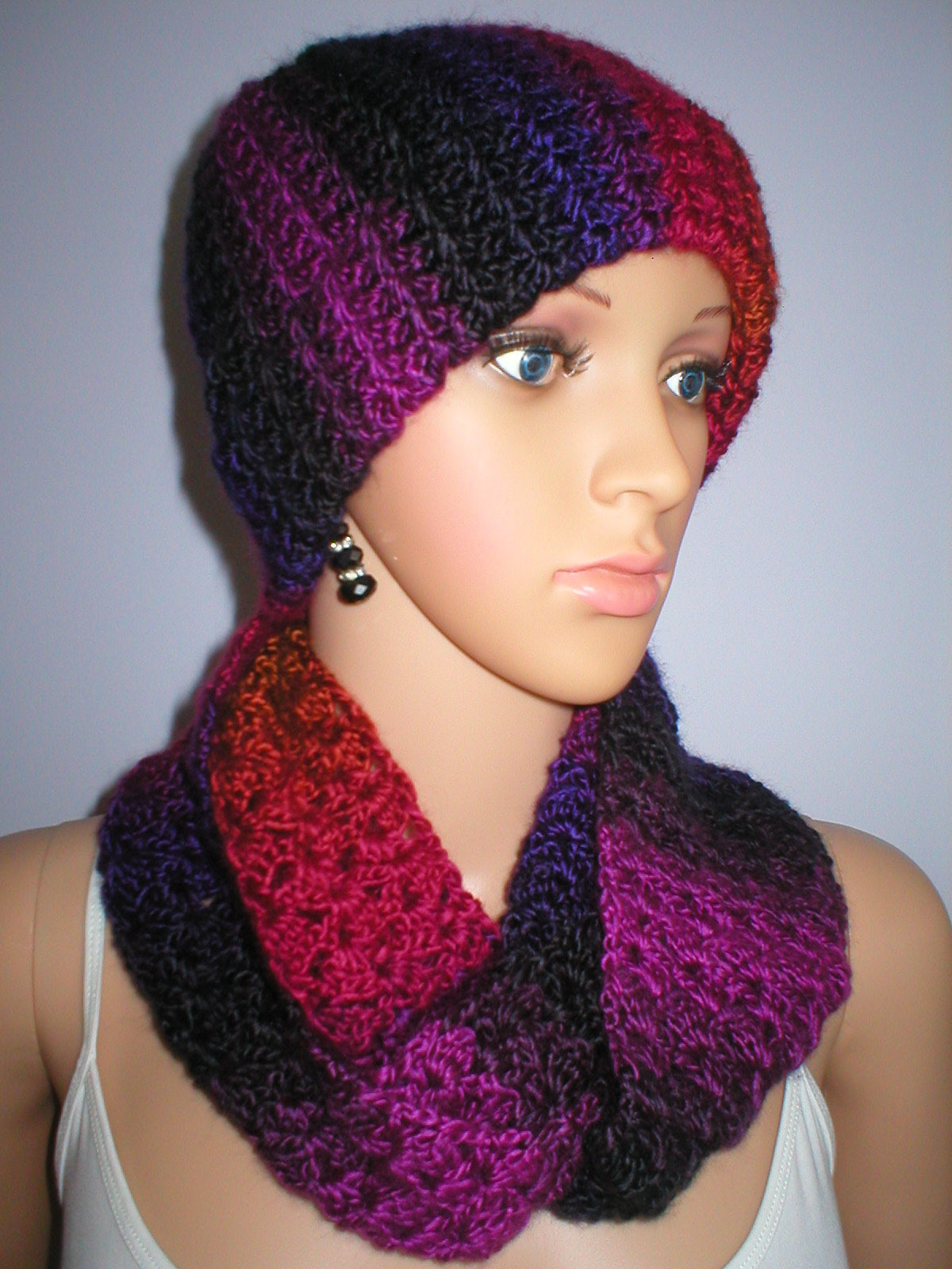 Supersoft hand crochet beanie hat with turn up and infinity scarf - Hibiscus