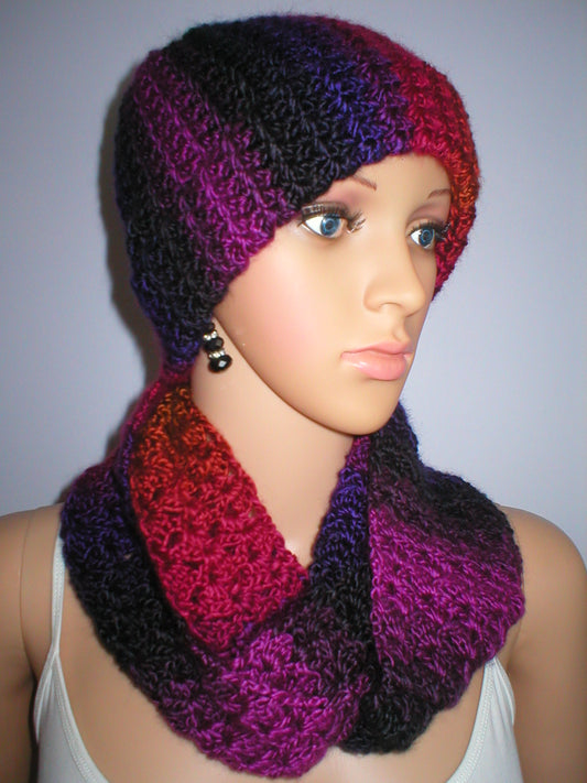 Supersoft hand crochet beanie hat with turn up and infinity scarf - Hibiscus