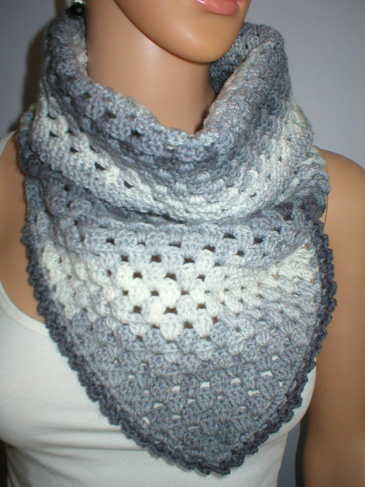 Supersoft hand crocheted sparkly traingular cowl - Grey stripe