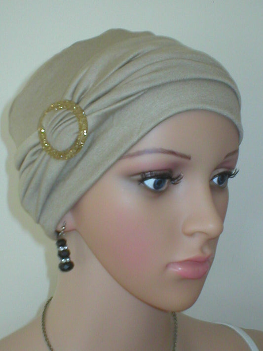 Soft breathable comfortable chemo hat and removable buckle headband - Full coverage chemo headwear for cancer hairloss or Alopecia - Sophie - caramel gold