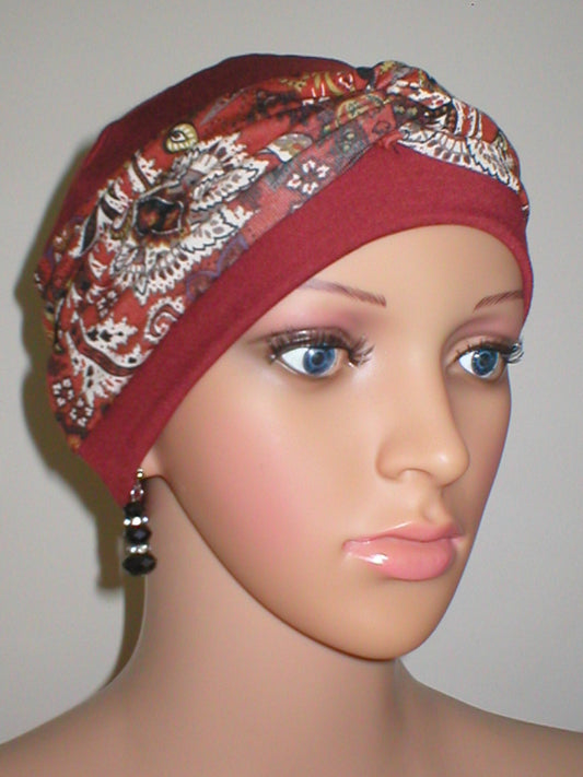 Soft breathable comfortable chemo hat and removable twist headband - Tina dark rust copper paisley