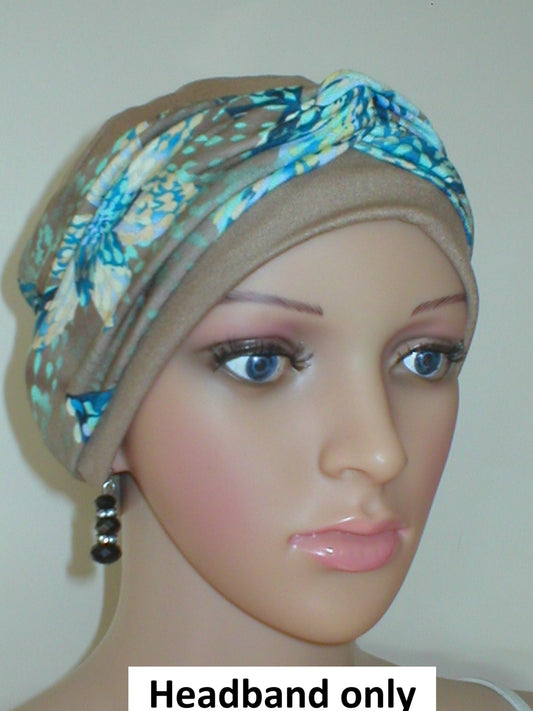 Soft twist jersey headband - chemo hat accessory - Sara teal dotty leaves