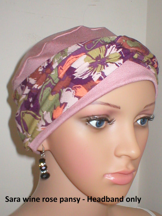 Soft twist jersey patterned stretchy chemo headbands - Sara plum rose pansy
