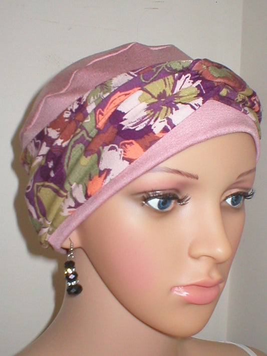 Soft comfortable breathable chemo hat and removable twist headband - Tina dusky plum pansy