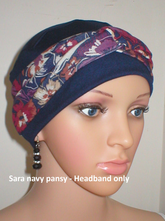 Soft twist jersey patterned stretchy chemo headbands - Sara Navy pansy