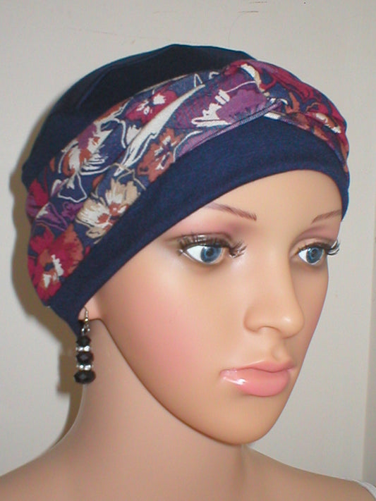 Soft chemo hat for hair loss and removable twist headband - Tina - Navy pansy