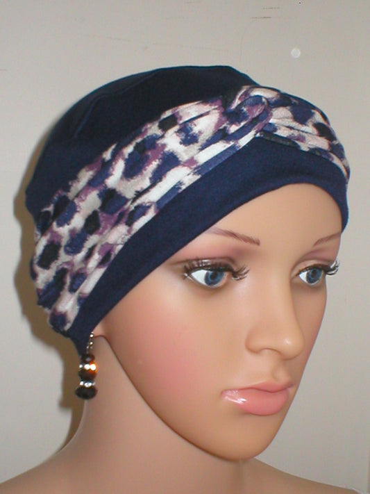 Soft breathable comfortable chemo hat and removable twist headband - Full coverage chemo headwear for cancer hairloss - Tina navy stone spots