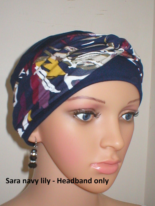 Soft twist jersey patterned stretchy chemo headbands - Sara Navy lily
