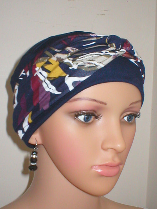 Soft breathable comfortable chemo hat and removable twist headband - Full coverage for cancer hairloss/Alopecia - Navy lily