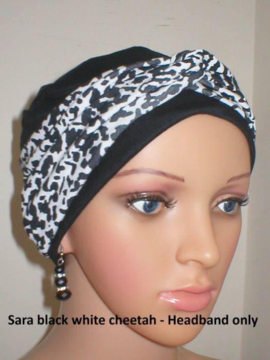 Soft twist jersey patterned stretchy chemo headbands - Sara black white cheetah