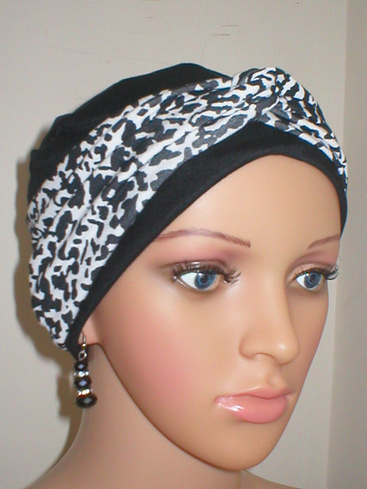 Soft breathable comfortable chemo hat and removable twist headband - Tina black white cheetah