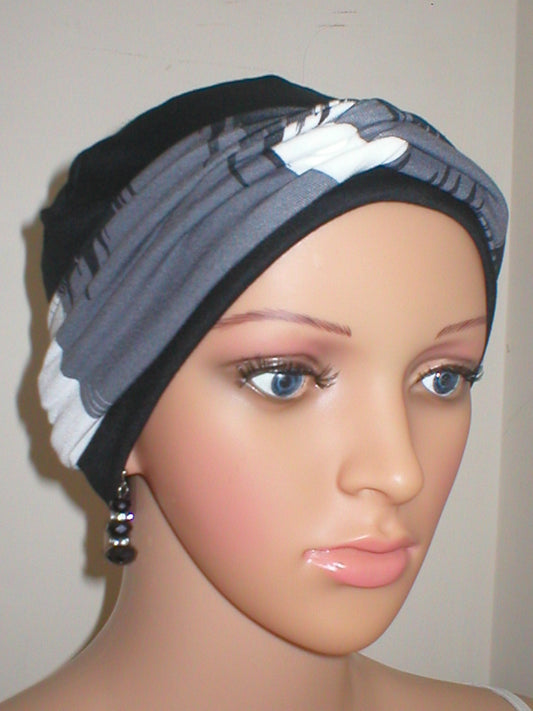 Soft comfortable breathable chemo hat and removable twist headband - Tina black brushstrokes