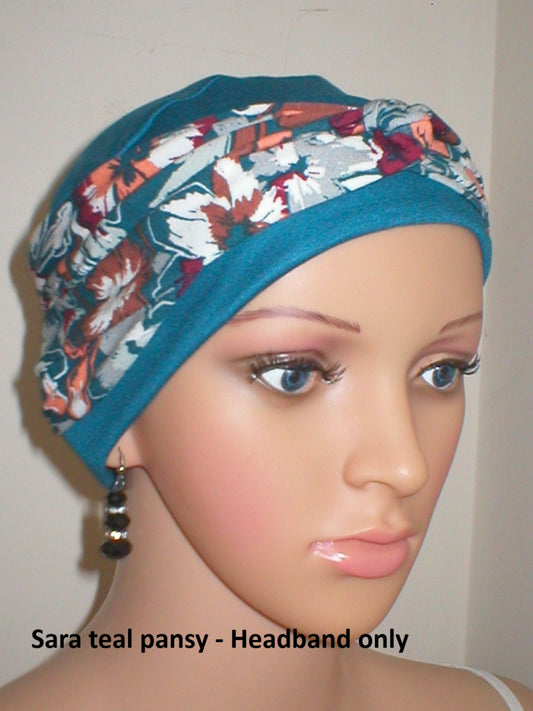 Soft twist jersey patterned stretchy chemo headbands - Sara teal pansy