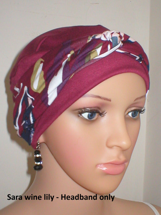 Soft twist jersey patterned stretchy chemo headbands - Sara wine lily