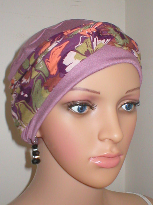 Soft comfortable breathable chemo hat and removable twist headband - Tina rose plum pansy