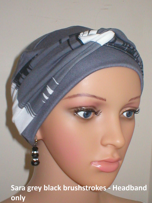 Soft twist jersey patterned stretchy chemo headbands - Sara black grey brushstrokes