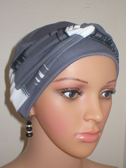 Soft breathable comfortable chemo hat and removable twist headband - Full coverage for cancer hairloss/Alopecia - Tina grey brishstrokes
