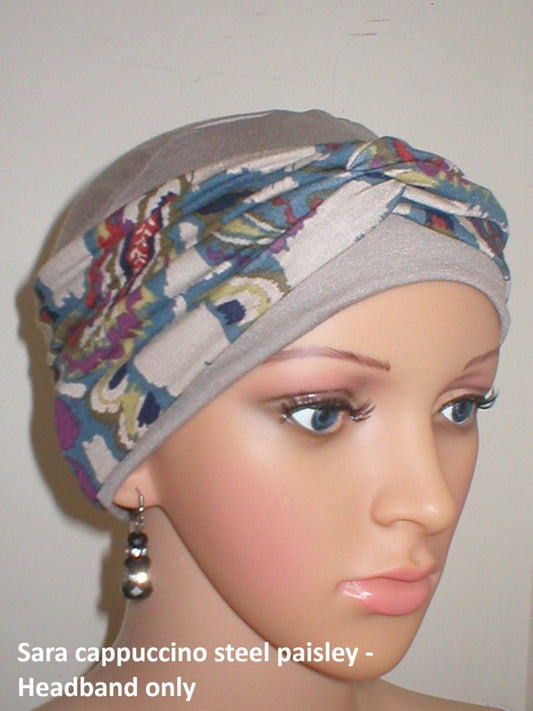 Soft twist jersey patterned stretchy chemo headbands - Sara cappuccino steel paisley