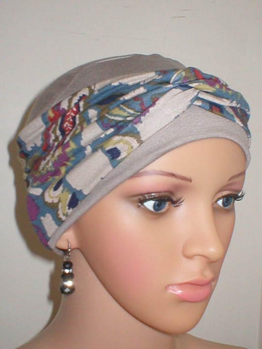 Soft breathable comfortable chemo hat and removable twist headband - Full coverage for cancer hairloss/Alopecia - Cappuccino steel paisley