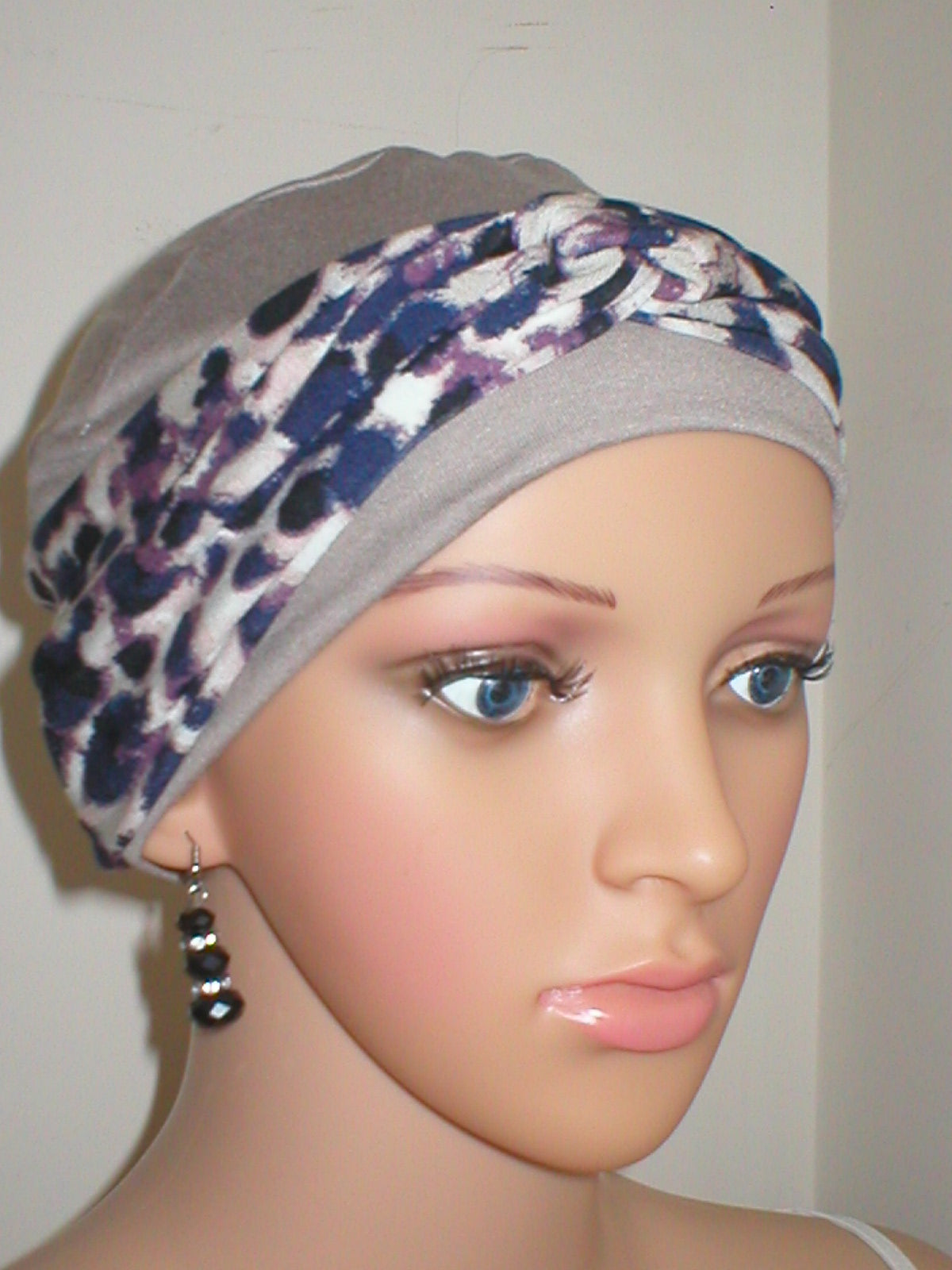 Soft comfortable breathable chemo hat and removable twist headband - Tina Cappuccino navy spots