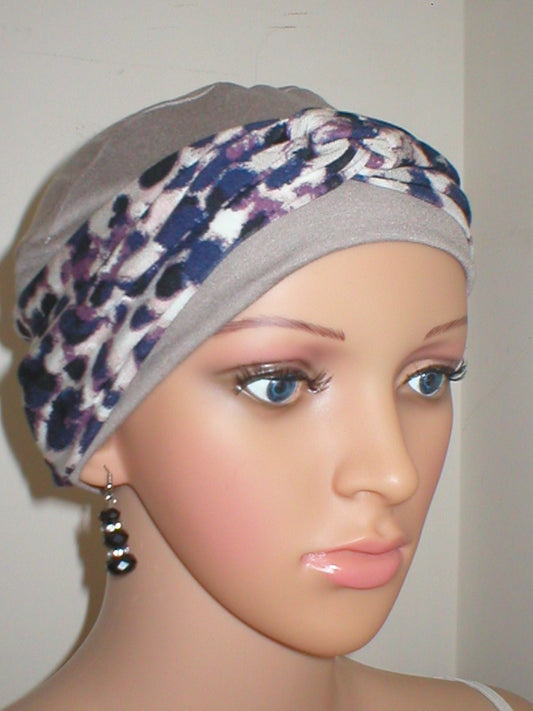 Soft comfortable breathable chemo hat and removable twist headband - Tina Cappuccino navy spots