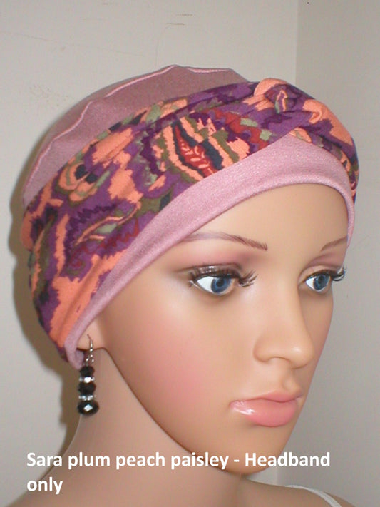 Soft twist jersey patterned stretchy chemo headbands - Sara plum peach paisley