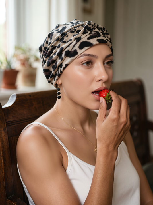 Soft jersey chemo hat and twist headband -  Kiera cream black leopard