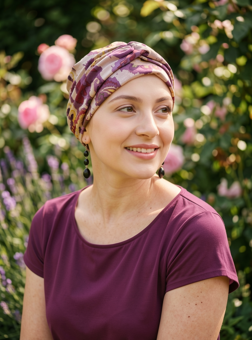 Soft jersey chemo hat and twist headband -  Kiera plum pink paisley