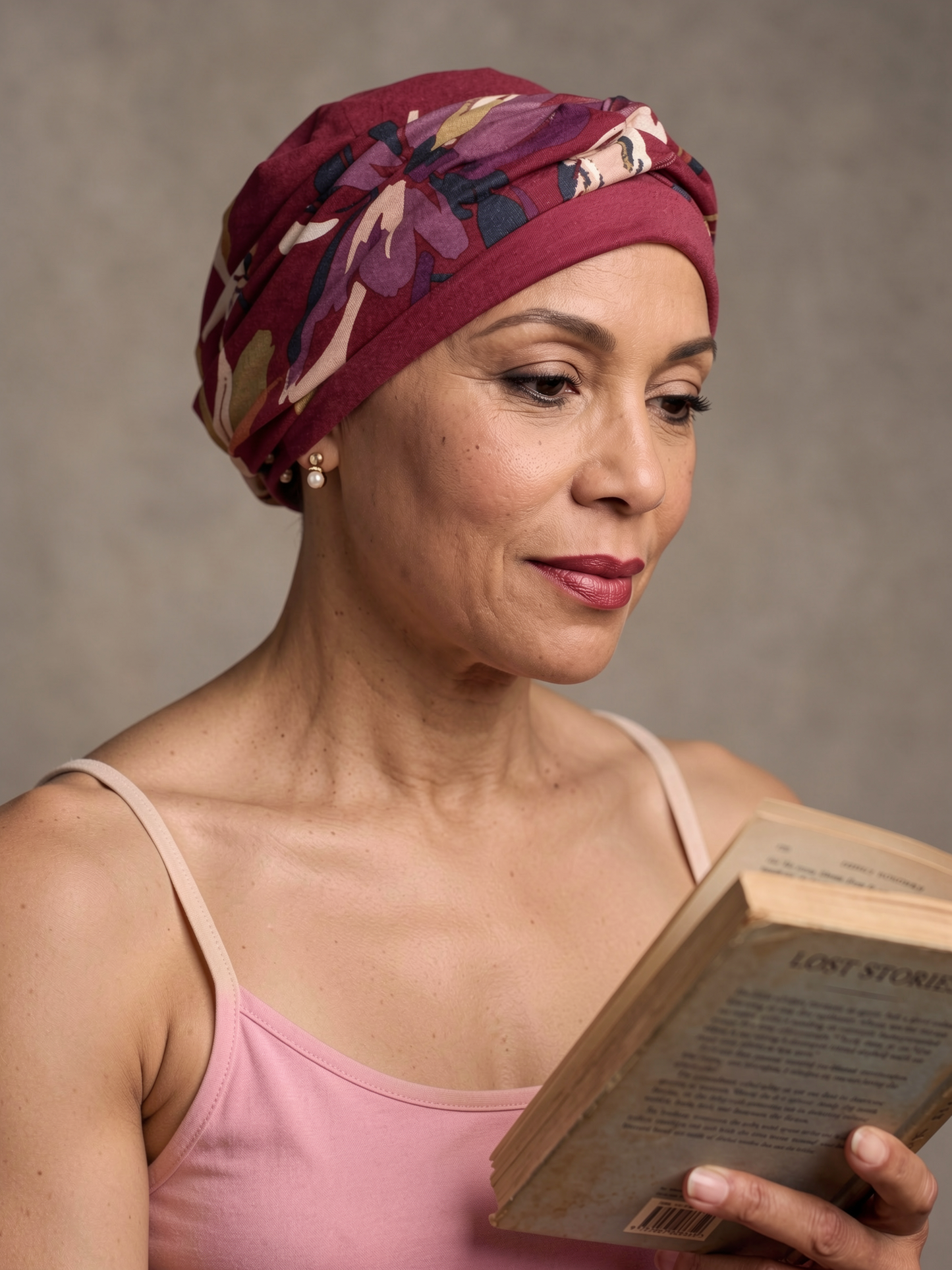 Soft comfy jersey chemo hat for hair loss with removable twist headband - Tina wine lily