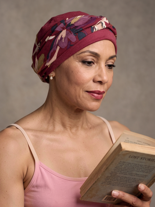 Soft comfy jersey chemo hat for hair loss with removable twist headband - Tina wine lily