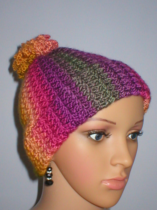 Supersoft crochet beanie with turn up and crochet pom pom - Afterglow