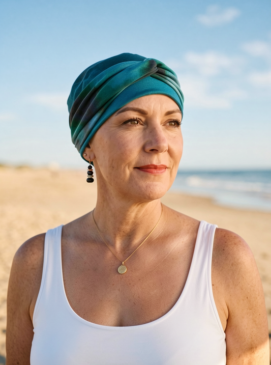 Soft comfortable womens chemo hat with twist headband - Tina teal haze
