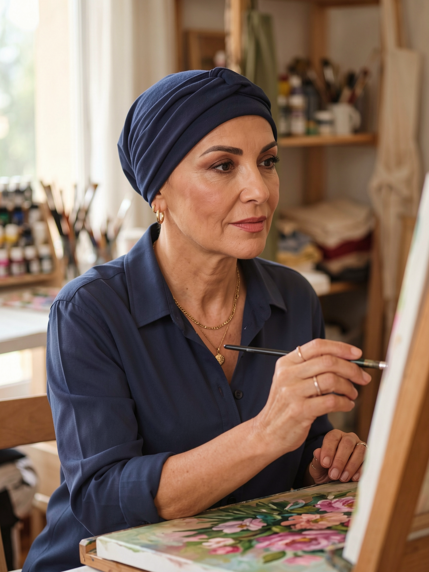 Soft jersey chemo hat and removable twist headband - Suzie Navy