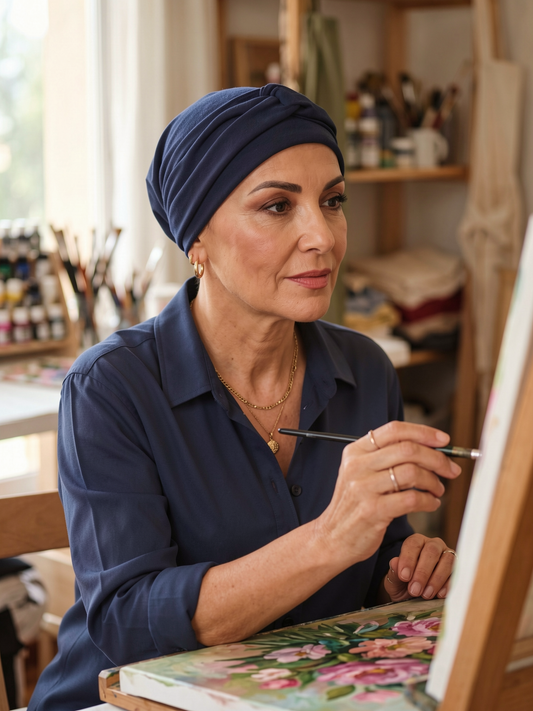 Soft jersey chemo hat and removable twist headband - Suzie Navy